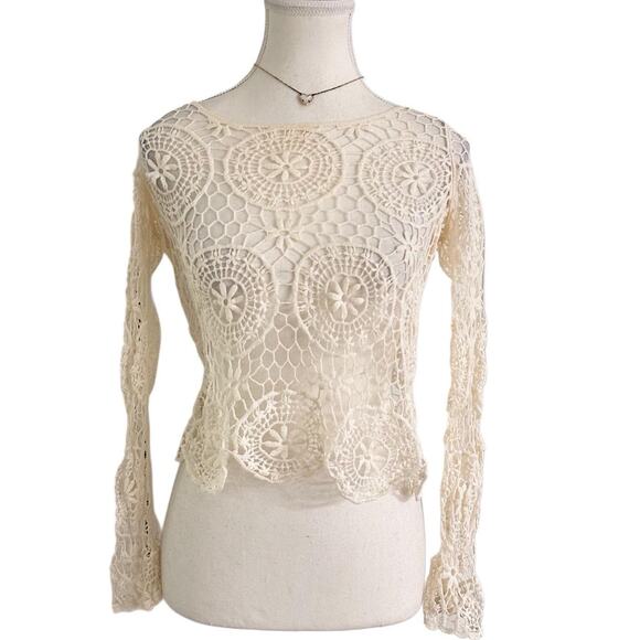 INC Vintage 100% Cotton Crotchet Cream Bell Sleeved Perfect Layering Top %Cotton - Picture 1 of 5